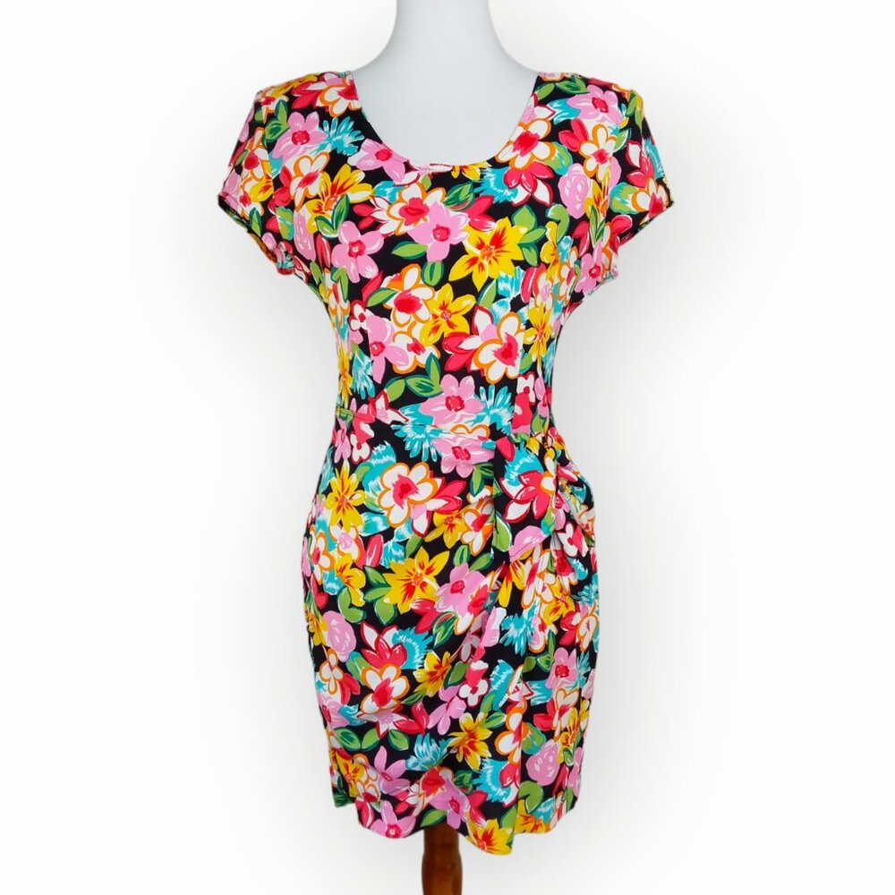Vintage 90s Elisse Mini Dress Size 5/6 Small Dark Florals Hip Tie Hawaiian USA